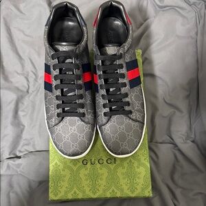 Gucci Men's Monogram Gray Sneakers with Red and Blue Accents
